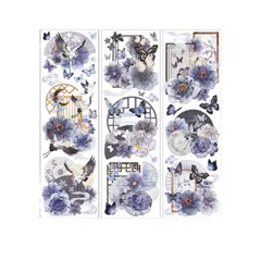 EZ PEACH コラージュ素材 シール フレーク 透明 青花磁器 白鶴 金魚 蝶 花々 防水 レトロ 半透明 PET コラージュDIY 手作り 素材紙 紙もの パック シールシート 手帳デコ 付箋 飾り かわいい おしゃれ 日記デコレーション 3枚セット (