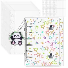 tourmono シール帳 透明 A7 サイズ ミニ バインダー 両面収納【リフィル×30枚】 シール台紙 クリア カードポケット 手帳 推し活 女の子 コラージュノート クリアタイプ A7 (星柄タイプ)