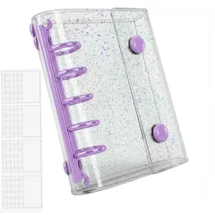 HGBANKASA シール帳 プラバン 透明 M5 ミニ バインダー 【リフィル×20枚 】5穴 カードポケット シール台紙 PPシート手帳 プリ帳 カードスリーブ 透明シール帳 はがせる バインダー型ノート 女の子 コラージュノートパープル・クリアラメ