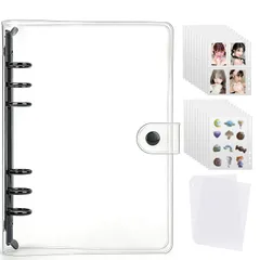 シール帳A5サイズバインダーセット【4ポケット＆1ポケットリフィル各10枚+専用台紙2枚付き】 コラージュノート クリア バインダー 透明 6穴 手帳 シール収納 大きいサイズ コラージュノート 推し活 女の子 (黒)