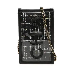 シャネル ロゴ ツイード チェーン ショルダーバッグ フォンケース  ブラック ビニール レザー レディース CHANEL【1-0260210】