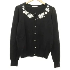 アベニールエトワール Aveniretoile フラワー刺繍 カーディガン ニット 薄手 カットソー パールボタン 36 黒 ブラック ■YHS8
