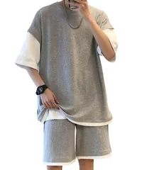 [Elixio] [エリクシオ] メンズ スウェット Tシャツ ハーフパンツ セットアップ 上下 無地 シンプル 大きいサイズ 涼しい ゆったり ジャージ 上下セット 部屋着 短パン スポーツウェア (M, グレー) [グレー] [M]