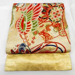 丸帯 アンティーク 金糸 ゴールドｘ茶青緑黒紫白紺 両面 鳳凰 雅楽器 花 全通 仕立上がり レトロ 明治・大正ロマン 昔着物用帯 長さ417.5cm
