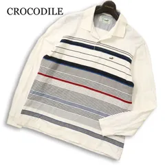CROCODILE クロコダイル 通年 ロゴ刺繍★ 長袖 ボーダー 鹿の子 ポロシャツ 日本製 Sz.L メンズ 白