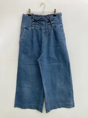デニムパンツ ブルー クロップド・半端丈 無地 ワイド・ルーズ ストレート ハイウエスト ウエストゴム・紐 ヴィンテージ