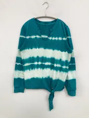 Tシャツ/カットソー グリーン ボーダー柄 リボン ミドル丈 長袖 Vネック