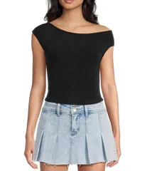 ジービー レディース トップス Tシャツ アシンメトリー キャップ ニット GB Knit Asymmetric Cap Sleeve Top Black ブラック