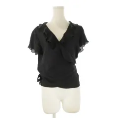 ラルフローレン RALPH LAUREN カシュクールシャツ ブラウス 絹 シルク シアー 11 黒 ブラック Vネック フリル 半袖 /CK44 ■ECE003