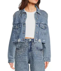シグネチャーエイト レディース アウター ジャケット・ブルゾン クロップド デニム Signature 8 Rhinestone Beaded Cropped Long Sleeve Distressedenim Jacket Blue ブルー