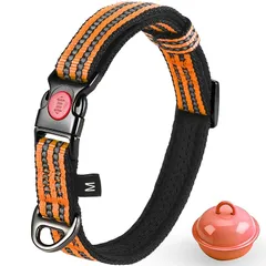 【新品】 Nayouko 犬 首輪 小型犬のカラー ｢二重ロック機能 鈴付き｣ サイズ調節可能 3MM反射材料 ナイロン製 通気性 弾力性 ソフト 軽い 痛くない 丈夫 簡単装着 ペット用品 (オレンジ, 幅1.5cm)