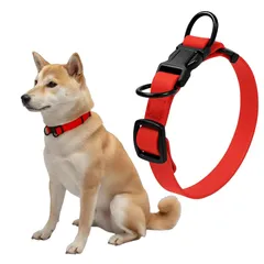 【新品】 Fun Time For Dogs 犬 首輪 ダブルリング 首周り34~48cm 幅2.0cm 小型犬(８以上)～中型犬用 PVC 犬用 防水 防汚 アウトドア (レッド, M)