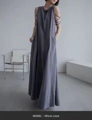 VACANCY ヴァカンシー ワンピース L グレー ストライプ柄 袖なし ロング・マキシ丈 フレア