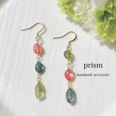 天然石マルチカラークリスタルミニロングピアス／イヤリング（有料）アシンメトリー