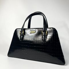 美品 ランセッティ ハンドバッグ クロコ 型押し レザー 黒 ゴールド 