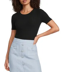 カール ラガーフェルド レディース アウター ニット・セーター クルーネック リブ KARLAGERFELD PARIS Ribbed Knit Crew Neck Short Sleeve Sweaのサムネイル