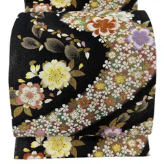 【美品】 袋帯 秀品 振袖向き 桜 桜の花びら 金糸 箔 黒 六通 正絹 【中古】