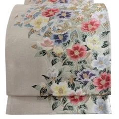 【美品】 袋帯 秀品 枝花 鳥 箔 金銀糸 クリーム 六通 正絹 【中古】