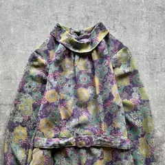 昭和レトロ くすみグリーン花柄 総柄ロングワンピース ベルト付きハイネックフリー