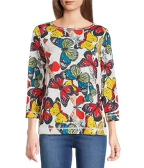 アリ マイルス レディース トップス カットソー プチ Ali Miles Petite Size AllOver Butterfly Round Neck 34 Sleeve Tunic Multi Animal マルチカラー