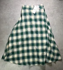 美品 STAY MOTION チェック柄 ロングスカート グリーン ウール混 F ウエスト30×2 丈82 緑 白 ゴム 調整ボタン付き Aライン フレア 厚手 暖か カジュアル レディース 上品 大人可愛い きれいめ 秋冬 ステイモーション ボトムス