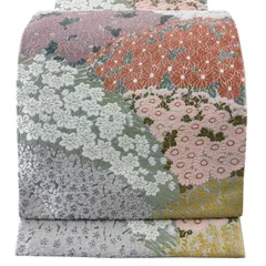 【美品】 袋帯 名品 四季草花 金糸 唐織 灰色 六通 正絹 【中古】