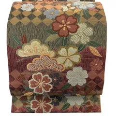 【美品】 袋帯 名品 桜 笠松 唐織 箔 えんじ色 六通 正絹 【中古】