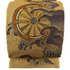 【美品】 袋帯 名品 片輪車 波頭 箔 金糸 金色 六通 正絹 【中古】