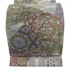 【美品】 袋帯 秀品 向かい鳥 華文 唐織 金銀糸 クリーム 六通 正絹 【中古】