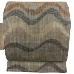 名古屋帯 秀品 夏帯 よろけ縞 幾何学 金糸 灰茶 正絹 【中古】