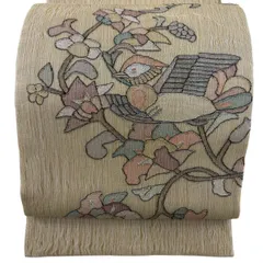 【美品】 袋帯 秀品 鳥 草花 金通し 山吹色 お太鼓柄 正絹 【中古】