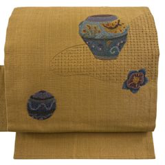 6k752 名古屋帯 夏帯 夏物 黄色 茶色 柄物 和装 着物 - メルカリ