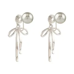 【新品】 ピアス穴なしクリップ式イヤリング、女性用、グレーパール、蝶結び、ファッション、かわいいイヤリング、ダングルドロップ、ジュエリー、学生向けギフト (クリップ式イヤリング) 1