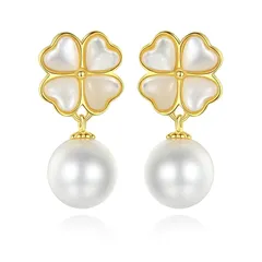 【新品】 TIFLA ピアス レディース 真珠 パール 揺れる シルバー925 イヤリング [四葉のクローバー] キャッツアイ 金属アレルギー対応 人気ピアス 可愛い プレゼント (ゴールド) 1