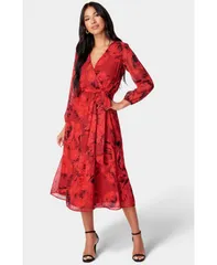 ベベ レディース トップス ワンピース ミディワンピース プリント ミディ Bebe Womens Print Wrap Midi Dress Red レッド
