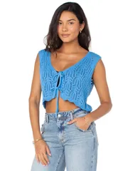 ロキシー レディース トップス シャツ ベスト コットン Roxy Juniors Beach Bound Cotton Crochet TieFront Vest Azure Blue ブルーのサムネイル