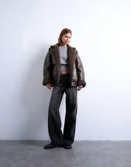 トップショップ レディース アウター ジャケット・ブルゾン ヴィンテージ Topshop vintage washearling aviator bomber jacket in chocolateのサムネイル