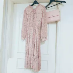 シフォン ロング丈ワンピース ピンク 長袖 桜 PLAY 春ワンピース