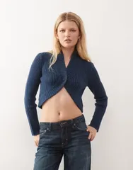 コルージョン レディース アウター カーディガン ニット COLLUSION knit shrug cardi BLUE ブルー