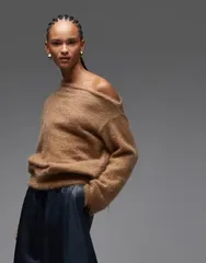 エイソス レディース アウター ニット・セーター ウエストマーク セーター ニット ASOS DESIGN fluffy knit one shoulder sweater with cinched waist in mocha Brown ブラウン