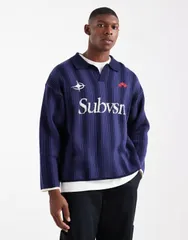 コットンオン メンズ トップス Tシャツ ポロシャツ Cotton long sleeve boxy fit polo shirt stripe NAVY ネイビー