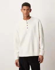 エイソス メンズ アウター ニット・セーター ASOS DESIGN relaxed knit fluffy henley sweater in ecru エクリュのサムネイル