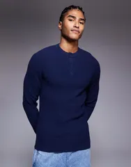 エイソス メンズ アウター ニット・セーター ヘンリーネック セーター ニット ASOS DESIGN muscle fit knit Henley neck sweater NAVY ネイビー