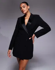 レア レディース トップス ワンピース ミニワンピース ミニ サテン ブレザー Rare London satin lapel double breasted blazer mini dress Black ブラック