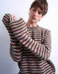 トップマン メンズ アウター ニット・セーター レギュラーフィット セーター ニット Topman regular fit knit twist striped sweater green multi DARK GREEN グリーン