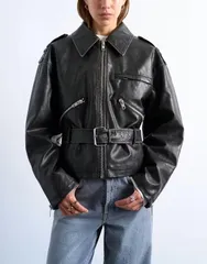 トップショップ レディース アウター ジャケット・ブルゾン レザー フェイクレザー ジャケット Topshop faux leather low belted biker jacket in washのサムネイル