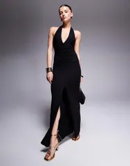 エイソス レディース トップス ワンピース マキシワンピース ギャザー マキシ ホルター ASOS DESIGN halter maxi dress with ruched twist detail Black ブラック