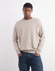 エイソス メンズ アウター ニット・セーター クルーネック Tシャツ ニット ASOS DESIGN relaxed long sleeve knit crew neck Tshirt in stonのサムネイル