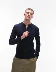 トップマン メンズ トップス ポロシャツ ウール Topman essential zip polo with wool NAVY ネイビーのサムネイル