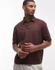 トップマン メンズ トップス ポロシャツ Topman oversized boxy fit polo with seersucker stripe BROWN ブラウンのサムネイル